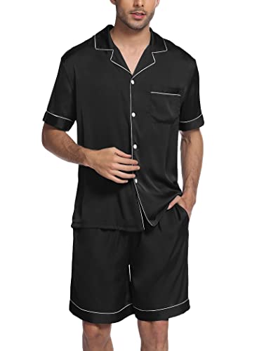 Image of Ekouaer Mens Satin Pajamas Set Button-Down Short Sleeve Shirt Top Soft Silk Sleepwear Shorts with Pockets