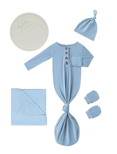 Image of SUZEL Newborn Baby Swaddle Blanket Set with Baby Knotted Gown, Mittens, Hat - Bamboo Viscose Receiving Blanket Bundle (Dusty Blue)