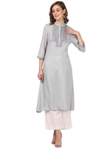 Image of rangita Women's Rayon Relaxed Fit A Line Calf Length Embroide A-Line Kurti | Kurta
