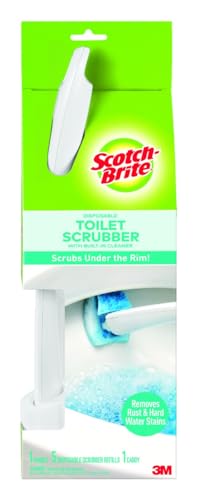 Scotch-Brite Disposable Toilet Scrubber Starter Kit, Disposable Refills with Built-in Bleach Alternative, Includes 1 Handle, Storage Caddy and 5 Refills