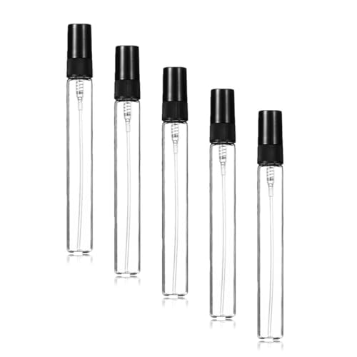 QUXVUIS Botella pulverizadora de 5 piezas, contenedor de subpaquete transparente viaje, soporte para atomizador botellas líquido pequeñas recargables, Negro, 10ml Pulverizador trasero