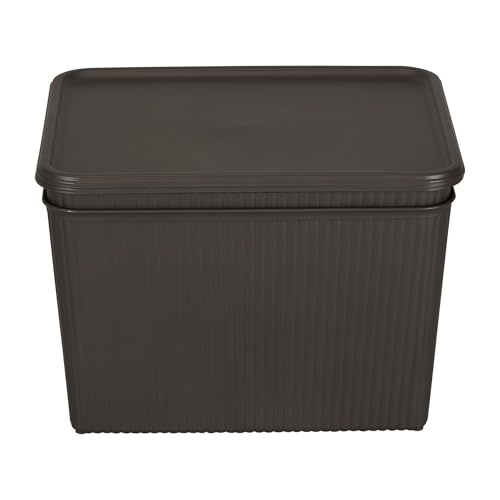 Image of Kolorr Ribbed Baskets Large Pack of 2 With 2 Standard Lid (Non-Airtight Loose-Fit Cover) Multipurpose Plastic Storage Baskets For Cloths Toys Wardrobe Home Kitchen & Livingroom I Dark Brown