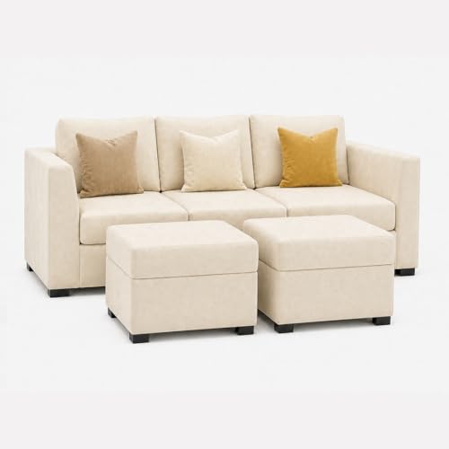 Image of FURNY Revona 5 Seater L Shape Sofa Set with 2 Movable Ottoman | Flexible Left or Right Layout | Plush Velvet Fabric (Cream) | Perfect for Living Room, Guest Room & Office