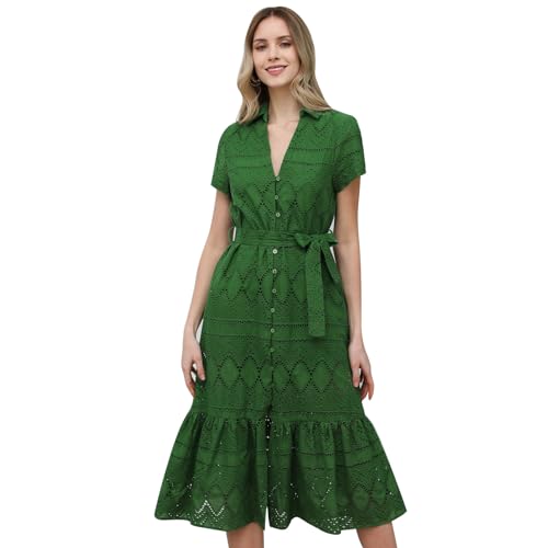 Image of CHICWISH Women Embroidered Eyelet Frilling Midi Dress Cotton V Neck Button Short Sleeve Flowy Summer Green Dress with Belt