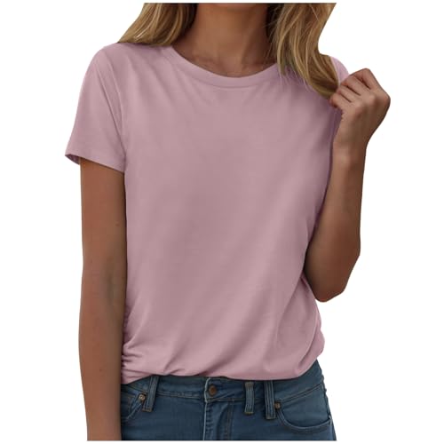 Camiseta genérica holgada e informal de manga corta y cuello redondo para mujer, color sólido, colección Primavera y verano, camiseta personalizable, rosa, XL