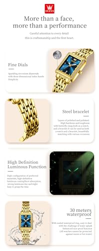 Image of OLEVS Gold Watches for Women Original Luxury Small Square Diamond Wrist Watch Analog Quartz Stainless Steel Waterproof Stylish Ladies Watch Date