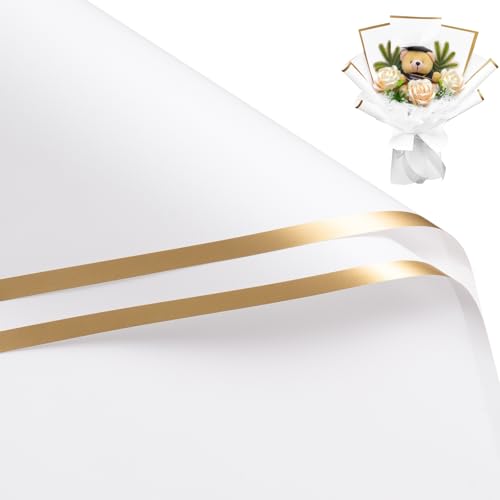WRAPAHOLIC 20 Sheets Flower Wrapping Paper - 22.4 x 22.4 inch White with Gold Edge Water-Resistant Floral Bouquet Wrapping Paper Florist Supplies Packaging Paper for Wedding Birthday Gift DIY