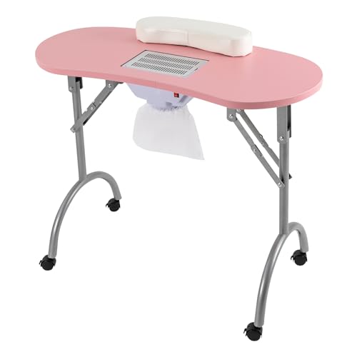 Mesa de manicura plegable portátil YEITBY con ruedas universales, adecuada para hogar, salón de uñas, salón de belleza, oficina, color rosa, con succión y accesorios de limpieza de uñas