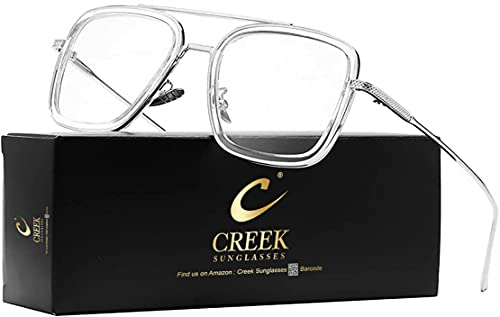 CREEK Blue Light Blocking Blue Cut Zero Power anti-glare Retro Square Eyeglasses,Tony Stark Frame for Eye Protection from UV by Computer/Tablet/Laptop/Mobile (With Torch and Testing Card)