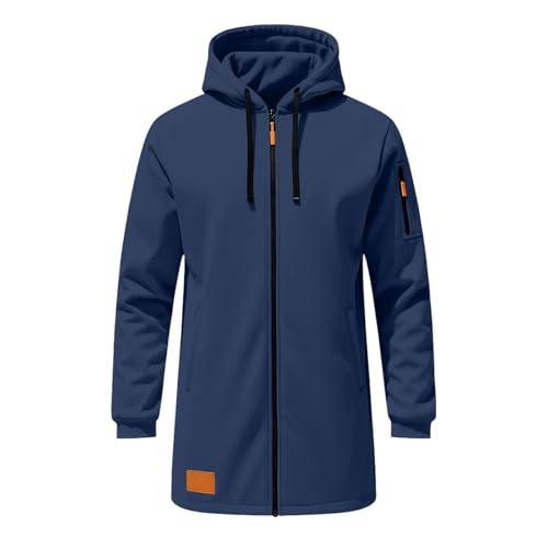 Generisch Men's Long Transition Jacket: Winter Jacket with Zip Outdoor Jacket with Drawstring Sweat Jacket Plain Hooded Jacket Slim Fit Work Jacket Elegant Classic Leisure Jacket for Men, navy, XL