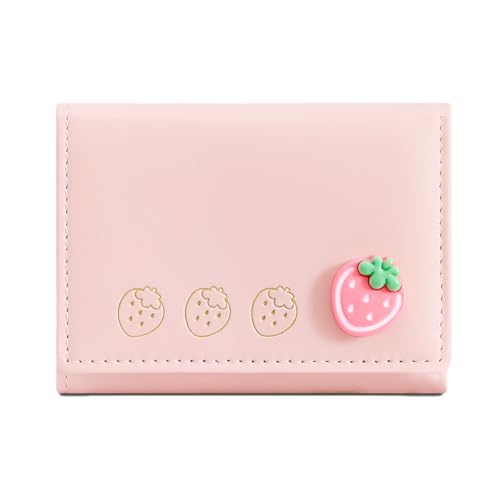 Strawberry Small Wallet Girls Cute Wallet with ID Window & 7 Credit Card Holder for Women (PINK)