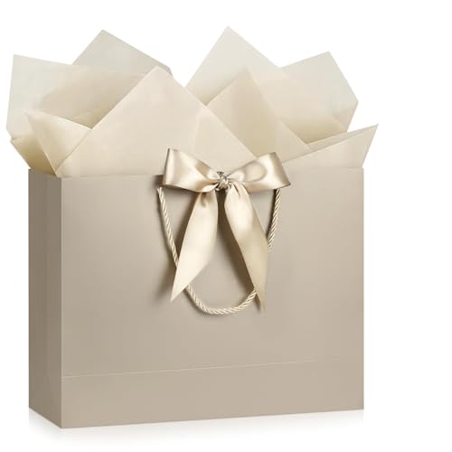Image of JMANNI Gift Bags with Handles, 14.6 inch Large Gift Bags with Tissue Paper | 1 Pcs champagne Gold Bag, 2 Tissue Paper and 1 Cards, for Baby Shower, Wedding Bridal Shower, Birthday Party