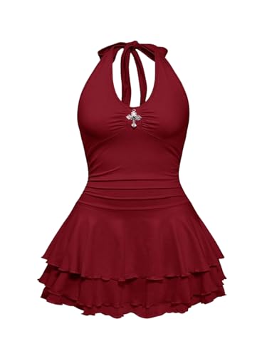 Image of BEAUDRM Women's Y2k Goth Mini Dress Grunge Punk V Neck Tie Back Halter Short Dresses Gothic Halloween Costumes