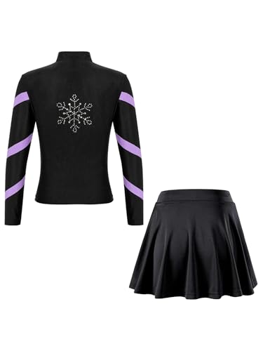 easyforever Kids Girls Sports Outfit Stripe Stand Collar Zipper Sweatshirt With Athletic Skirt Sets Dancewear Activewear Light Purple 12-13 Years2