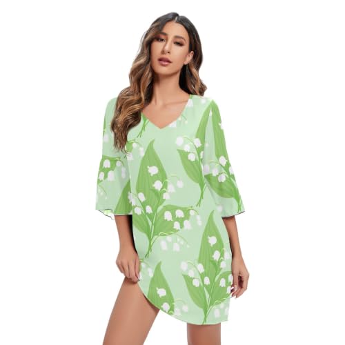 Robe courte verte imprimée hawaïenne fluide et légère Lily of Valley pour femme