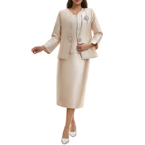 Women's Formal 3 Piece Church Suit Set with Rhinestone Trim Collar Elegant Dress Set for Mother of The Bride Wedding Guest4