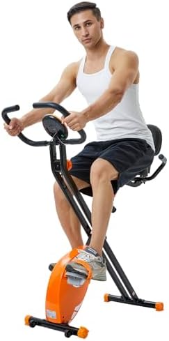 Folding Exercise Bike, Foldable Fitness Stationary Bike Machine, Upright Indoor Cycling Bike, Magnetic X-Bike Adjustable Resistance, Bottle Holder & Back Support Cushion for Home Gym