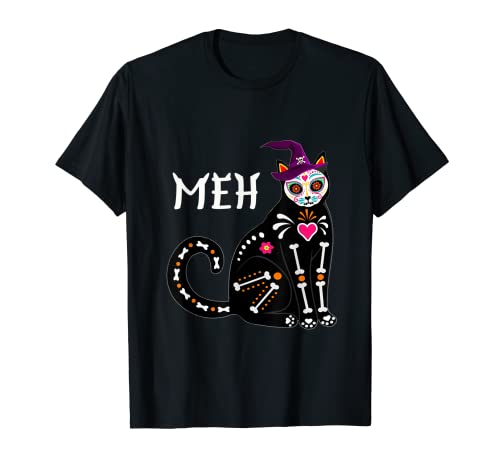 Cráneo de azúcar divertido gato negro disfraz de bruja sombrero divertido Meh gato Camiseta