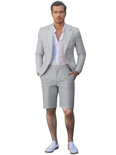 Men's 2 Pieces Seersucker Suit Lightweight Double Breasted Suit Jacket and Shorts for Wedding Summer Beach