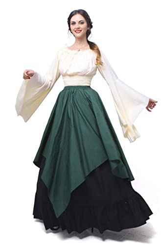 Fiamll Renaissance Kleid Damen Mittelalter Kleidung Damen Kostüme Fasching Kleid Set Grün+ Schwarz XXL(Top und Rock)