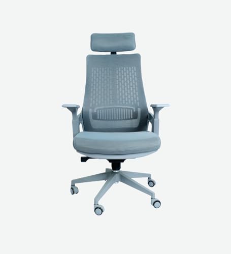 Image of Lakdi The Furniture Co High Back Mesh Office Chair with Headrest for Directors & Executive | Ergonomic Revolving Chair with Adjustable Height | Grey Chair for Work from Home & Office Use
