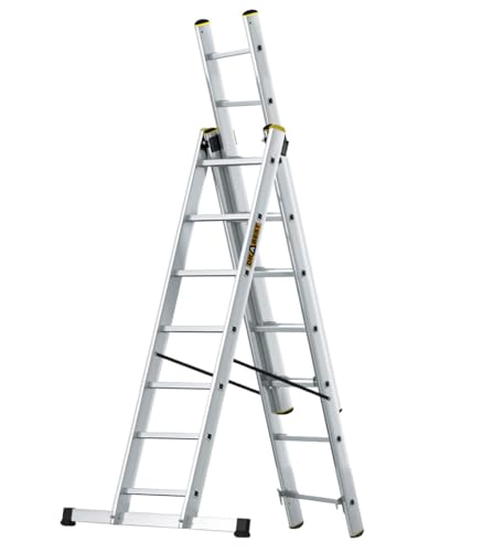 DRABEST Leiter PRO Serie Aluleiter 3-teilig Mehrzweckleiter 3x7 Stufen Leiter Multifunktionsleiter Kombileiter bis 150 kg Beslastbar - Arbeitshöhe 5,05 m - inkl. Eimerhaken