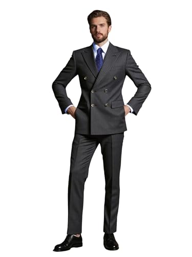 Men's Pinstripe Double Breasted Suit Set, Including Jacket, Pants, Light Blue Shirt and Blue Polka Dot Tie
