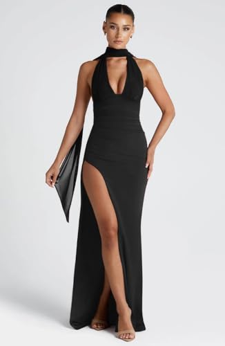 Image of Memoriesea Women's Sexy Halter Neck Sleeveless Backless Ruched Formal Party Maxi Dress Black