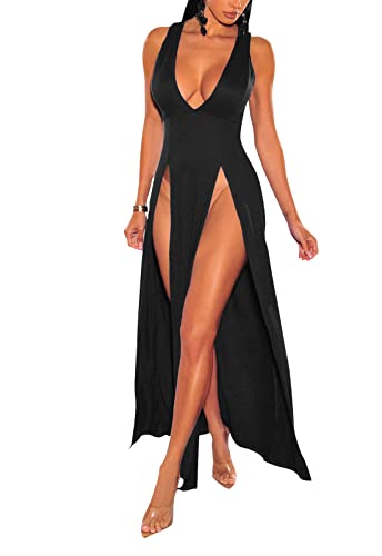 Image of Women's Sexy V Neck Sleeveless High Split Club Party Maxi Dresses