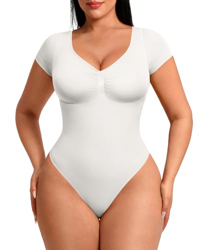 FeelinGirl Short Sleeve Bodysuit for Women V Neck Tummy Control Shapewear Seamless Thong Body Suits Tops