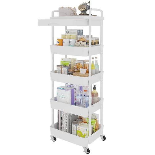 Image of Calmootey 5-Tier Rolling Utility Cart with Drawer,Multifunctional Storage Organizer with Plastic Shelf & Metal Wheels,Storage Cart for Kitchen,Bathroom,Living Room,Office,White