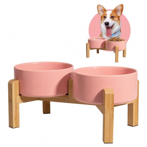 PTOBER Ceramic Raised Dog Bowl Double Raised Dog Bowl with Bamboo Stand Chein Bowl Set for Food and Water Bowls for Small and Medium Dogs 2 x 850 ml