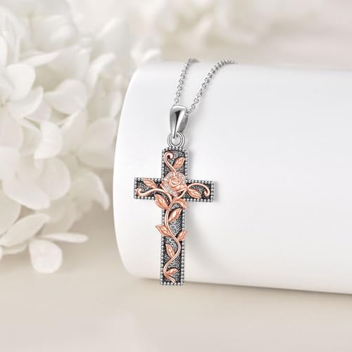 LUHE Women's Cross Necklace Sterling Silver Rose Flower Cross Pendant Necklace Rose Gold Jewelry Gifts for Women Girls4