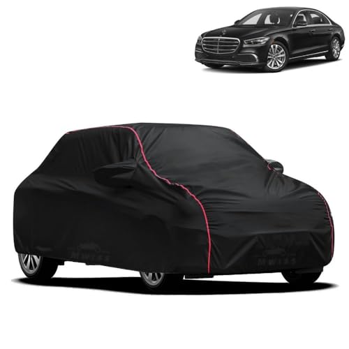 Image of Waterproof Car Cover for Mercedes Benz S500 | All-Weather Protection, Dustproof & UV Resistant | Triple Stitched Mirror Pockets, Windproof Buckle Strap with Elastic Hem, Black-Red Piping