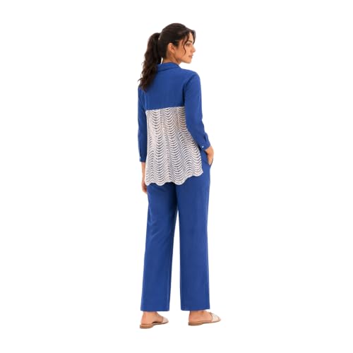 Image of Cotton Co-ord Set for Women | With Long Sleeves | Lace Back Panel | Relaxed Fit | Casual Wear | Office Outfit | Lounge | Travel