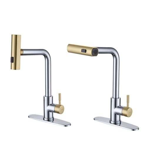KEER Waterfall Kitchen Faucet with Pull Down Shower, Single Handle and 360° Swivel Stainless Steel Single Hole Kitchen Sink Faucet,Chrome and Gold