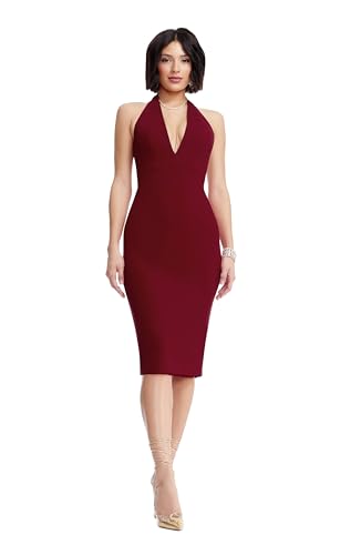 Image of Dress The Population Womens Vanessa Deep Plunge Neckline Halter Bodycon Midi Dress