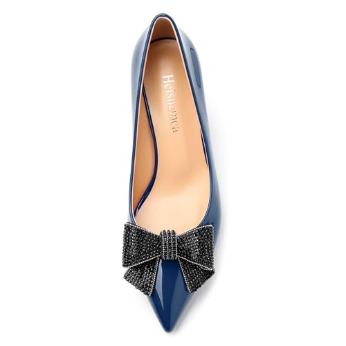 Image of Heels for Women Closed Patent Pointed Toe Bow Pumps Slip on Kitten Low Heels Wedding Party Dress Office Shoes 2.5Inch