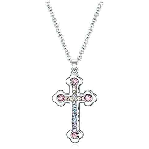 VEEHOO Girls Cross Necklace Baptism Gifts,Shiny Colorful Religious Christening Cross Necklace First Communion Gifts for Girls, Zinc, Rhinestone Cover
