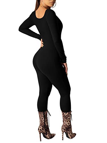 Lagshian Women's Sexy Bodycon Long Sleeve Scoop Neck One Piece Jumpsuit Romper Black #TOP1