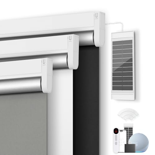 Motorized Blackout Smart Roller Blinds with Remote Control & Solar Panel - Automatic Electric Shades...