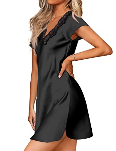 Image of Ekouaer Satin Nightgowns for Women Lace Nightgown Short Sleeve Nightshirt | Satin Night Gowns Women Sexy, Short Sleeves Night Dress, Lace V Neck, Above Knee Length, Cocktail Dates,Bridal Nightgowns