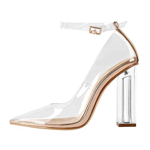 Richealnana Women's Clear Pumps for Women Heels Pointed Toe Clear High Heels Close Toe Dressy Pumps Ankle Strap Champagne Size 10