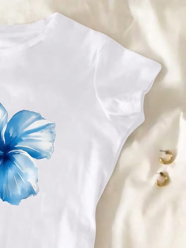 Image of RoseSeek Girl's Floral Graphic Crop Tops Tees Short Sleeve Crewneck Cute Slim Fit T Shirt Summer Tops