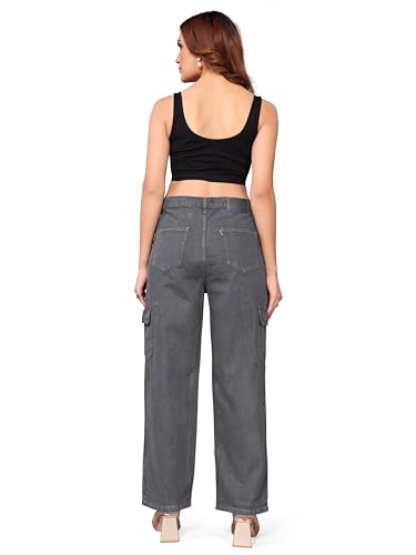 Image of ELLITI Women's 6 Pocket Regular Fit High Rise Relaxed /Boyfriend Fit, Wide Leg, Bell Bottom, Pure Denim Ankle Length Jeans Pants