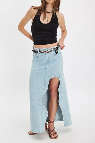 CHARTOU Women Retro Denim Maxi Skirt Mid Waist Side Wavy Slit A Line Long Jean Skirt with Pockets2