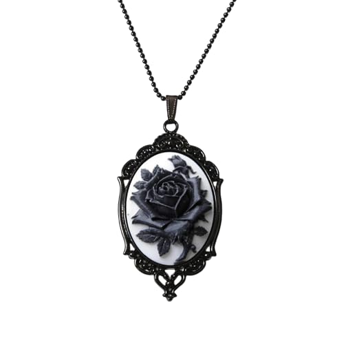 Collier Asiamist Gothique en Rose Noire pour Femmes - Collier Camée en Rose Noire pour Halloween -...