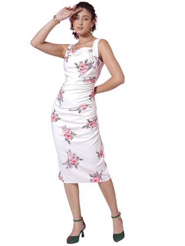 Image of Selvia Women Knee-Length Western Dress | Floral Printed Sleeveless Lycra Square Neck Bodycon Dress | One Piece Dress