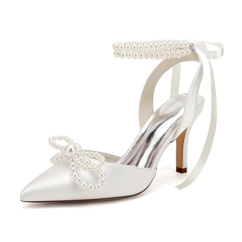 HKMFLYY Damen Geschlossene Zehe Perle Heels mit Schleife Hochzeit Schuhe für Braut High Heels...