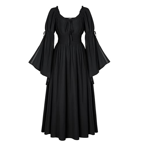 Scarlet Darkness Women Renaissance Pirate Dress Smocked Wasit Bell Sleeve Dresses 2025 Long Maxi Dress Black S